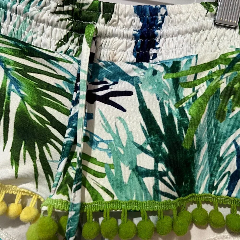 PilyQ Girls Swim Shorts Cover Up Size Small Pom Poms Tropical